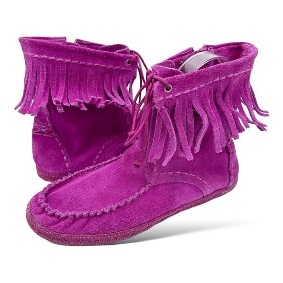 UGG Kaysa Pink Moccasin Suede Leather Fringe Boots Size Women's 4 - Picture 2 of 13